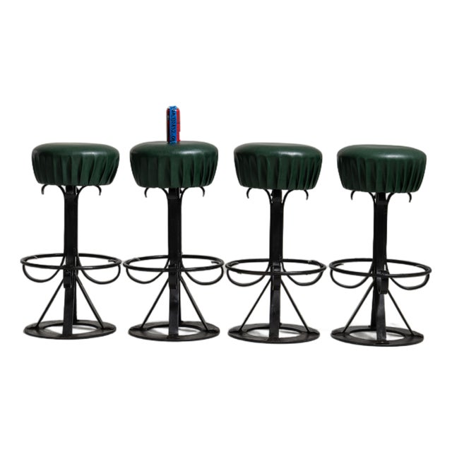 1970s Set of Four Bar Stools with Wrought Iron Bases For Sale