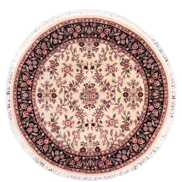 Art Nouveau 1990's Kashan Pak-Persian Beige/Black Wool Round Rug- 6'2'' X 6'3'' For Sale