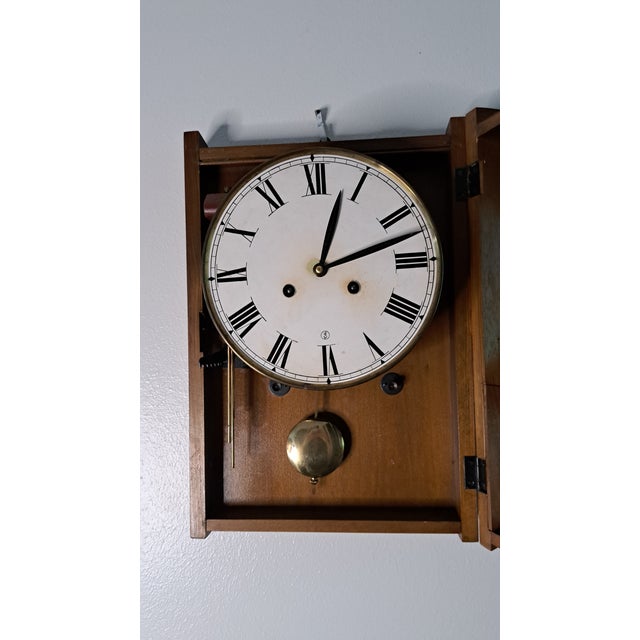 Mid 20th Century Vintage Teak Mechanical Pendulum Wall Clock Mid‑Century Modern Ejs Dial For Sale - Image 5 of 14