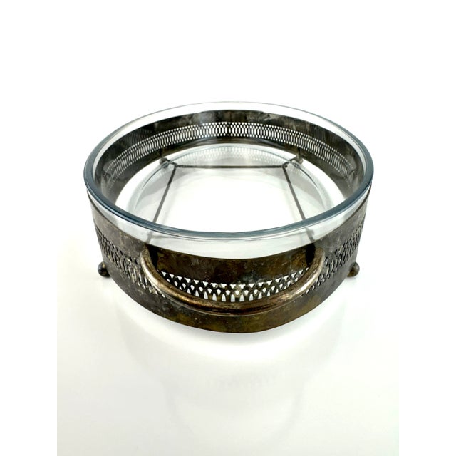 Silver Vintage Silverplate Casserole Holder With Pyrex Insert and Pierced Gallery For Sale - Image 8 of 16