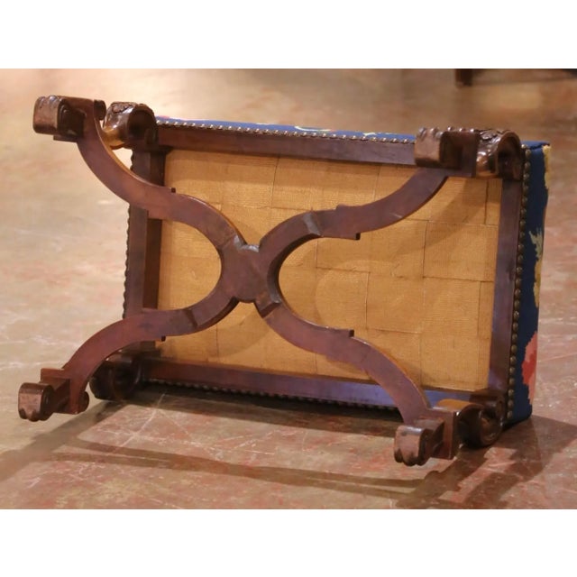 19th Century French Louis XIII Walnut Stool With Floral Needlepoint Upholstery For Sale - Image 12 of 12