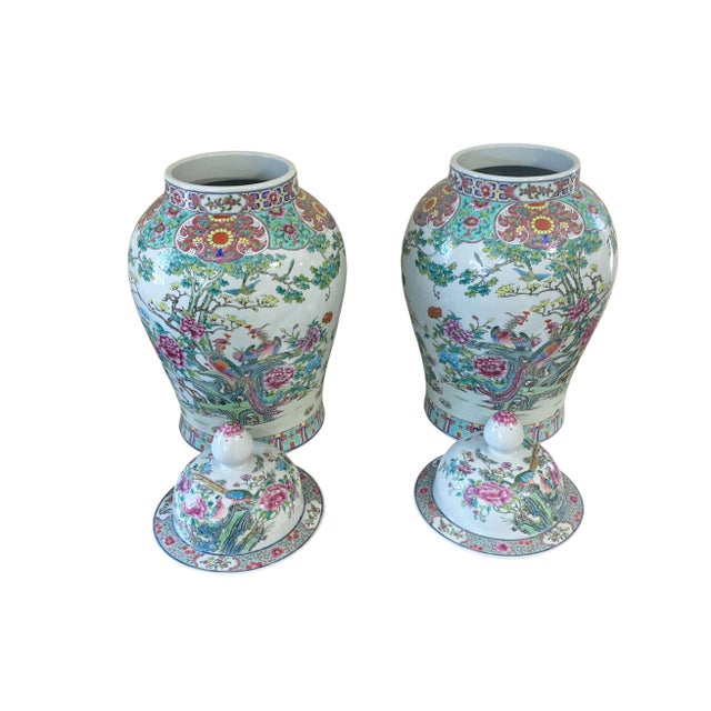 Ceramic Vintage Lg Chinoiserie Famille Rose Porcelain Ginger Jars 26" H Pair For Sale - Image 7 of 11