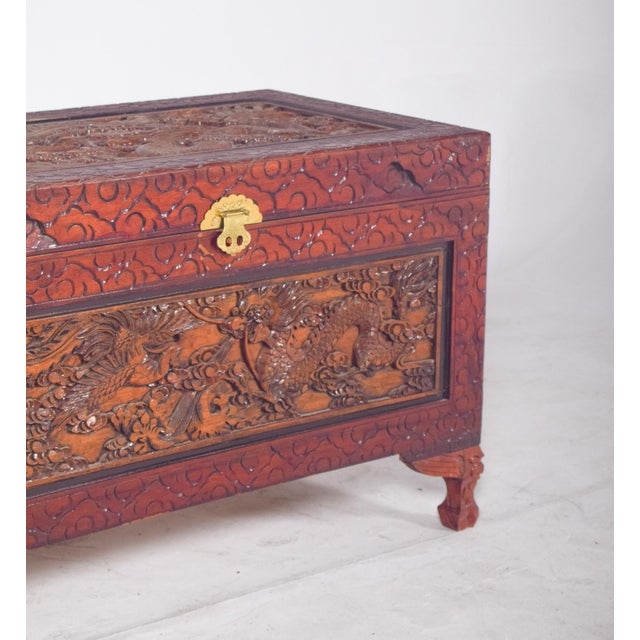Antique Painted Oriental Carved Chest For Sale - Image 12 of 14