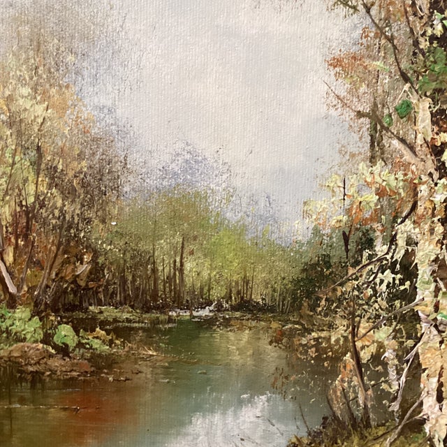 Textile Mid 20th Century Painting on Canvas Landscape Framed River Fall Trees Signed M.Howard For Sale - Image 7 of 12