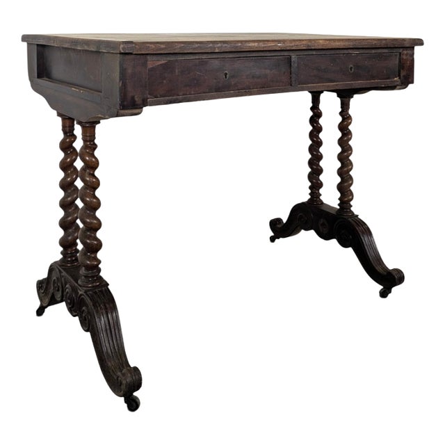 Louis XIII Walnut Writing Table with Twisted Legs and Two Drawers, 1800s For Sale