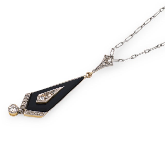 1910s 1910s Edwardian Diamond Onyx 18k Yellow Gold Platinum Necklace For Sale - Image 5 of 7
