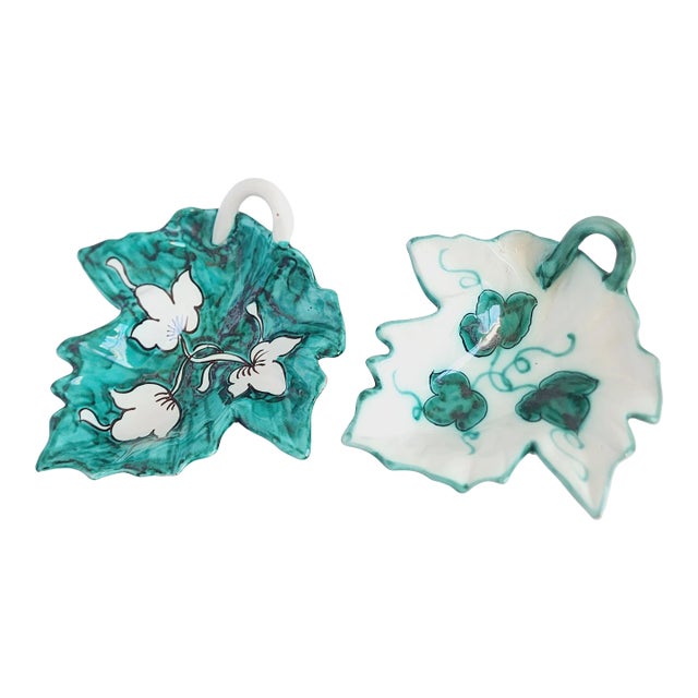 Vintage Italian Handpainted Ceramic Leaf Dishes-A Pair For Sale