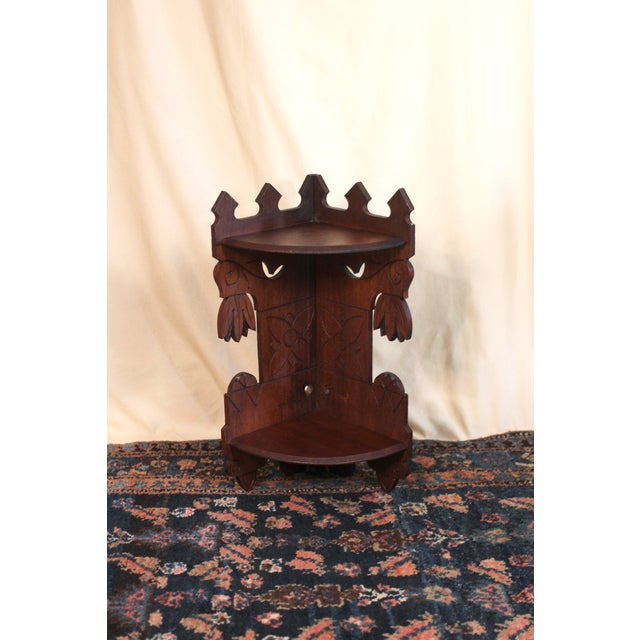 1920s Folk Art Dark Walnut Corner Shelf With Gothic Floral Details For Sale - Image 12 of 15