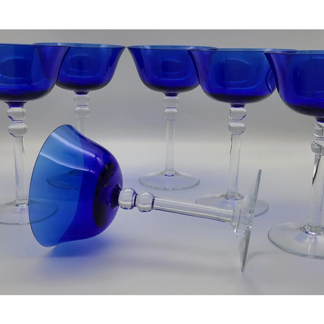 Vintage 1940s Deco Cobalt Sapphire Blue Martini Coup Glasses -Set of 6 For Sale In Seattle - Image 6 of 11