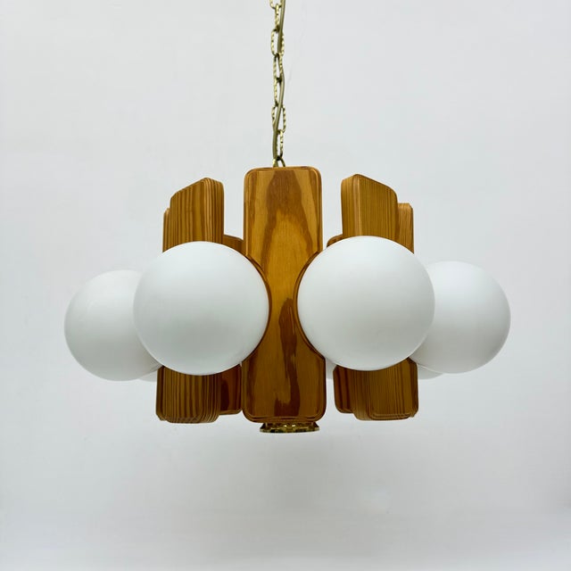 Vintage Pine Wooden Chandelier with Glass Globes, 1970s For Sale - Image 14 of 18