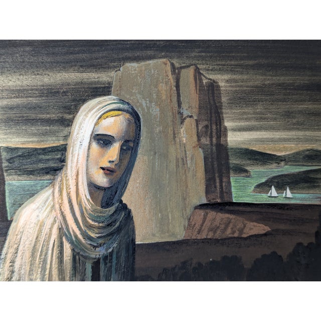 Haunting figurative work by listed San Francisco artist Clyde F. Seavey (1904-1991). A veiled woman set against towering...