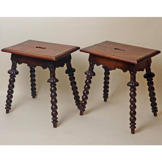 Brown Antique Carved and Turned Oak Stools, 1850, Set of 2 For Sale - Image 8 of 17
