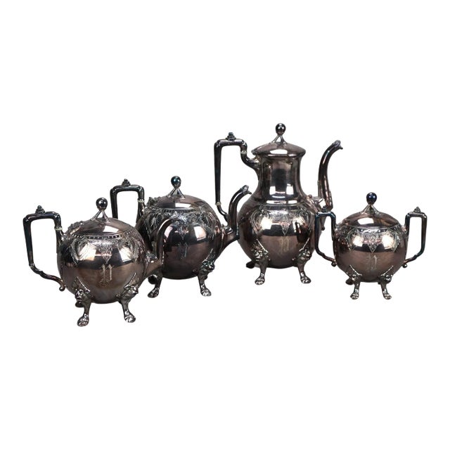 4 Piece Antique Figural Clawfoot Silver Plate Tea Set, Circa 1890 For Sale
