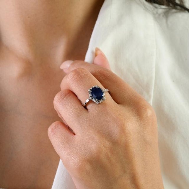 Early 21st Century Victorian Style 2Ct Oval Blue Sapphire & Diamond Ring Size 5 in 14k Gold For Sale - Image 5 of 16