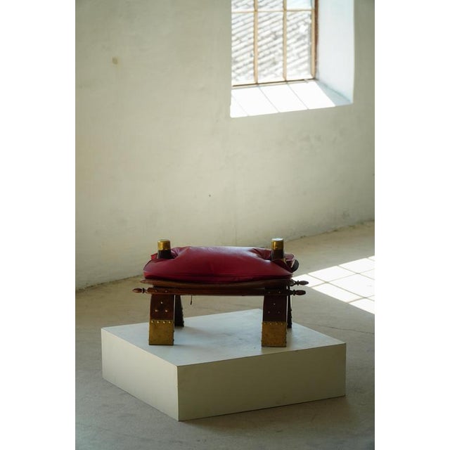 1980s Moroccan Camel Saddle Stool in Stained Wood, Brass and Leather, North Africa, 1980 For Sale - Image 5 of 18