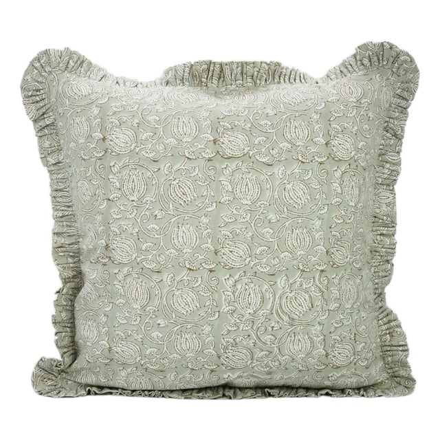 Fabdivine Artisan Block Print Throw Frill Pillow Cover Green 18x18 Inch Thick Cotton White- 6 Kamal For Sale