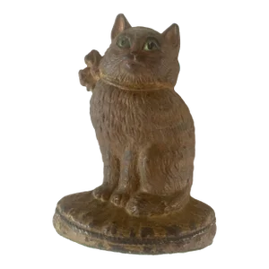 1920's Cast Iron Kitty Cat With Bow and Green Eyes Door Stop Original Paint