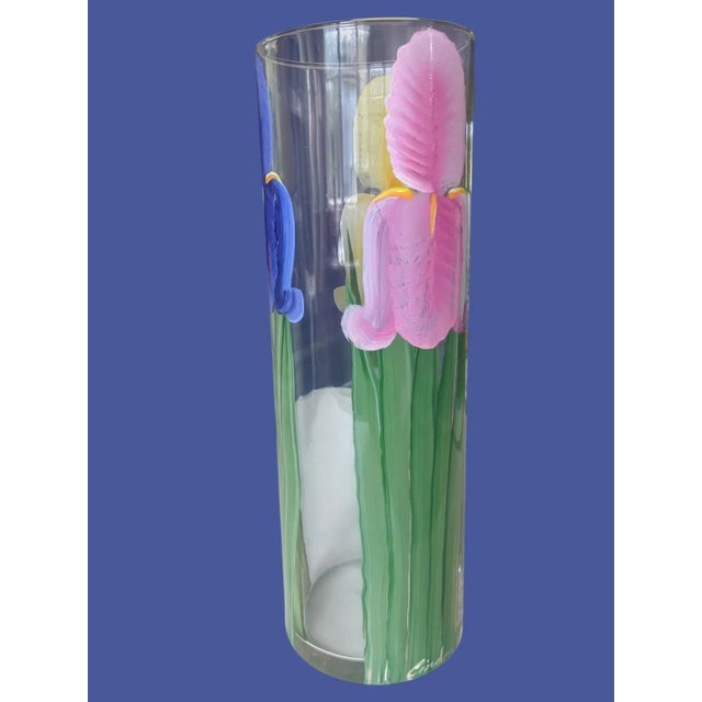 Shabby Chic Vintage Original Hand Painted Botanical Iris Flower Glass Vase Signed For Sale - Image 3 of 17