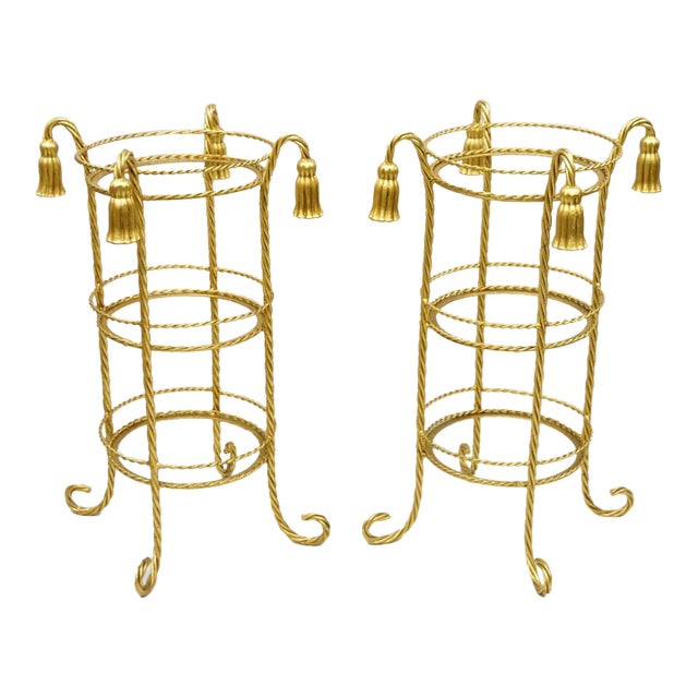 Mid 20th Century Italian Hollywood Regency 3 Tier Gold Iron Rope Tassel Stand Side Tables - Pair For Sale