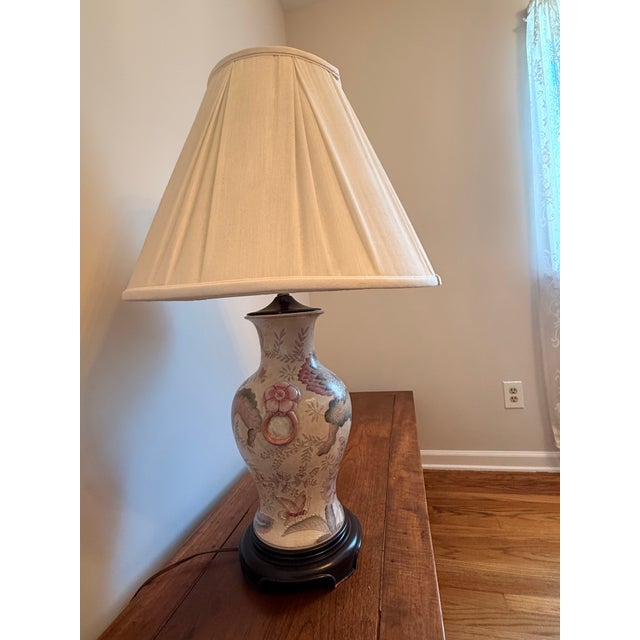 Vintage 32” Chinoiserie Floral Porcelain Table Lamp With Raised Flower Knockers and Shade For Sale - Image 9 of 12