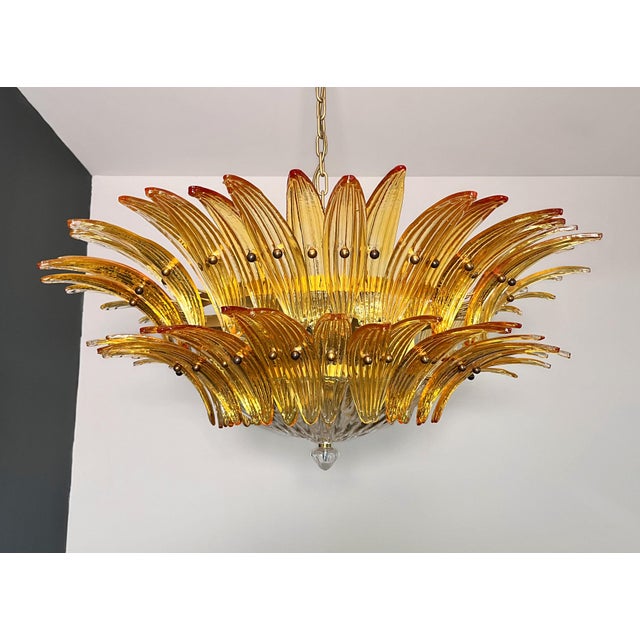 Glass Murano Style Chandelier Ceiling Light Original Palmette, Two Levels, 82 Amber Glasses and Heart Blown For Sale - Image 7 of 10