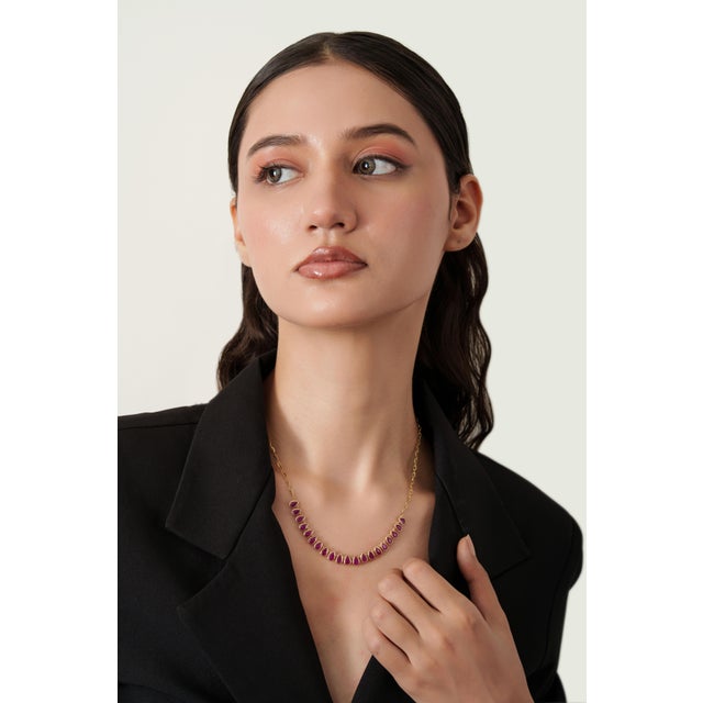 8.88Carat Graduated Pear Cut Ruby Bezel Necklace in 14k Yellow Gold- 17 Inch Length For Sale - Image 11 of 18