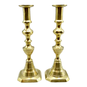 Antique English Beehive Brass Push-Up Candlesticks, a Pair