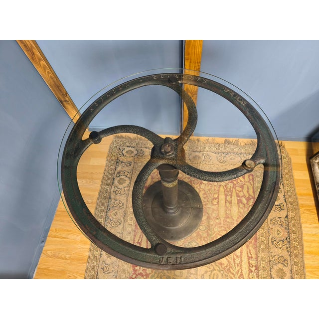 Glass Top Table with Cast Iron Industrial Iron Machine Legs, 2010s, Set of 3 For Sale - Image 17 of 18