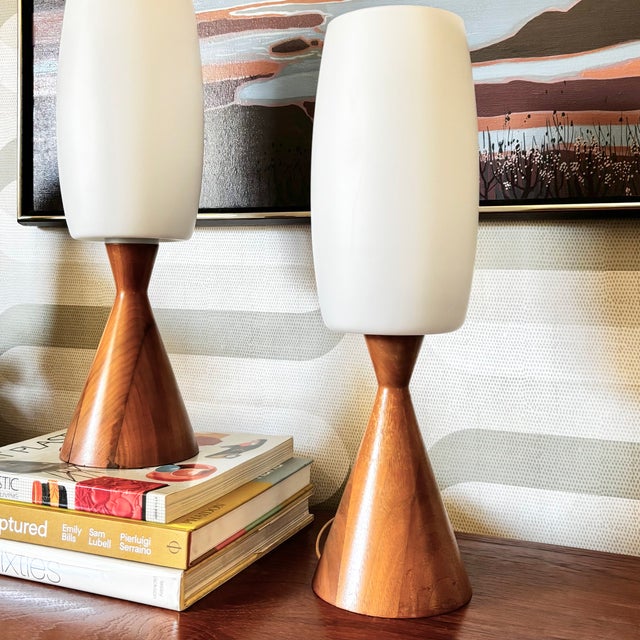 Mid-Century Modern Mid Century Conical Wood and Glass Table Lamps - Set of 2 For Sale - Image 3 of 17