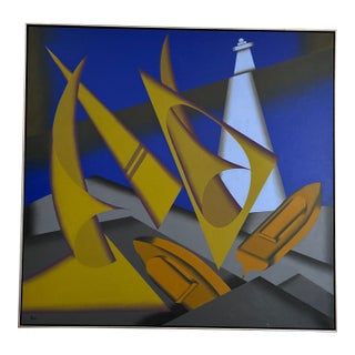 1990s Abstract Lighthouse and Boats For Sale