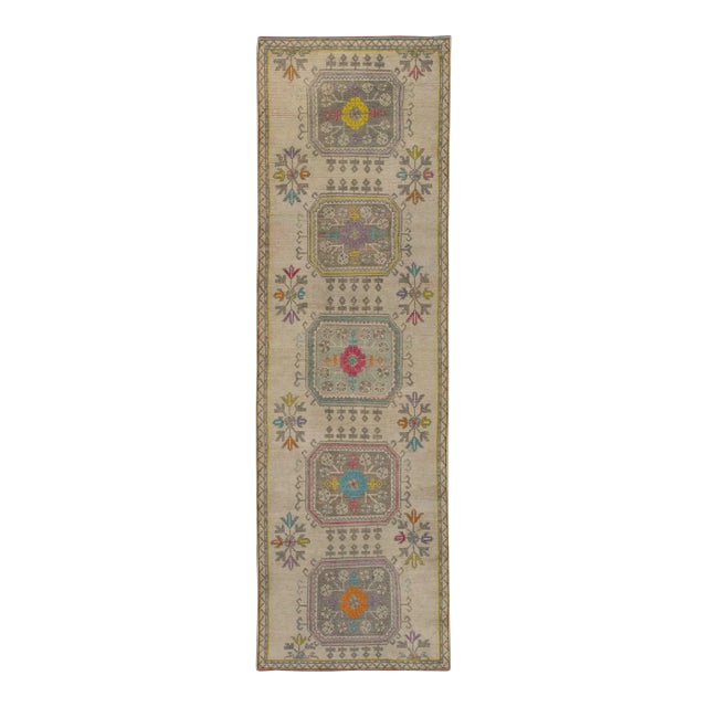 Vintage Turkish Hand Knotted Wool Runner Rug Multicolor Floral 3'2" X 10'3" For Sale