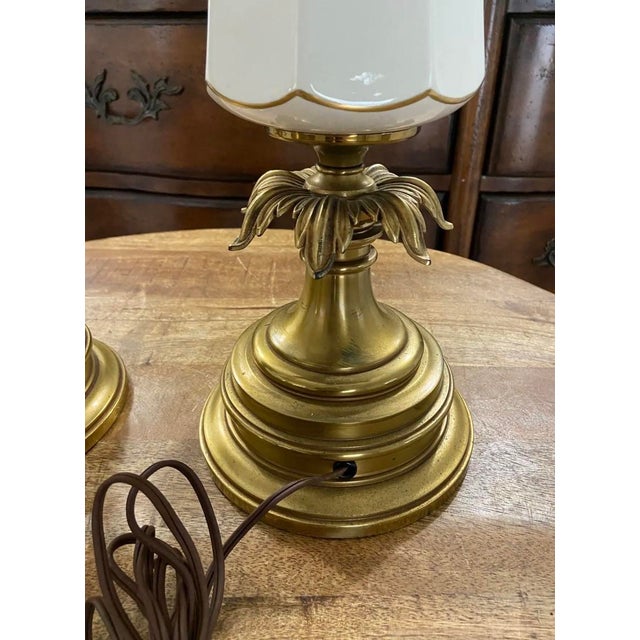 Vintage Stiffel Creamy White Ceramic and Brass Plume Buffet or Table Lamps, a Pair For Sale - Image 11 of 12
