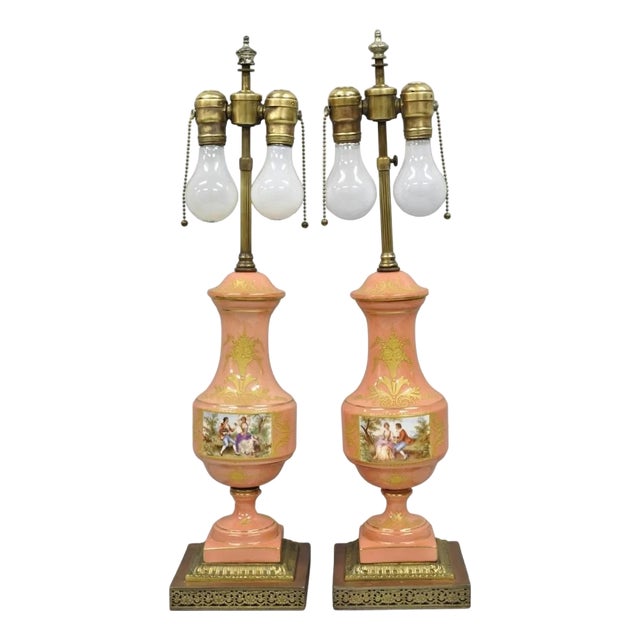 Antique French Victorian Paris Porcelain Coral Figural Painted Table Lamps, Pair For Sale