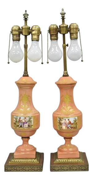 Antique French Victorian Paris Porcelain Coral Figural Painted Table Lamps, Pair