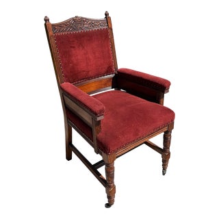 Antique Queen Victoria Regina Royal Armorial Crest Gothic Red Velvet Arm Chair For Sale