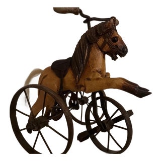 Antique Toy Hand Carved Horse Tricycle - Wood And Metal with Leather Saddle For Sale