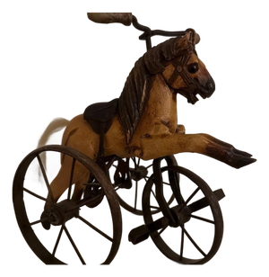 Antique Toy Hand Carved Horse Tricycle - Wood And Metal with Leather Saddle