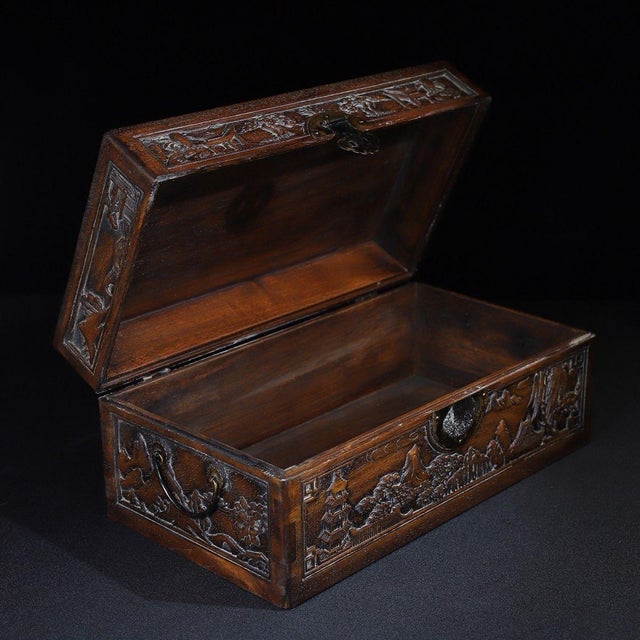 Chinese Huali Rosewood Box Carved With Landscape & Poetry For Sale - Image 3 of 10