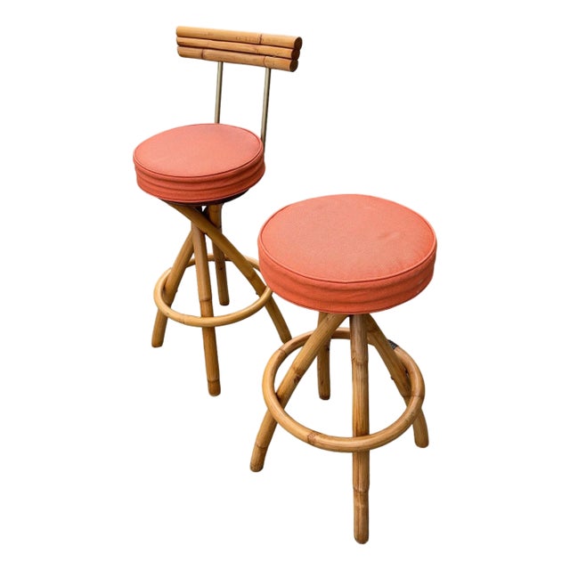 Restored Pair of 1940s Rattan Barstools With Spiral Legs and Orange Cushions For Sale