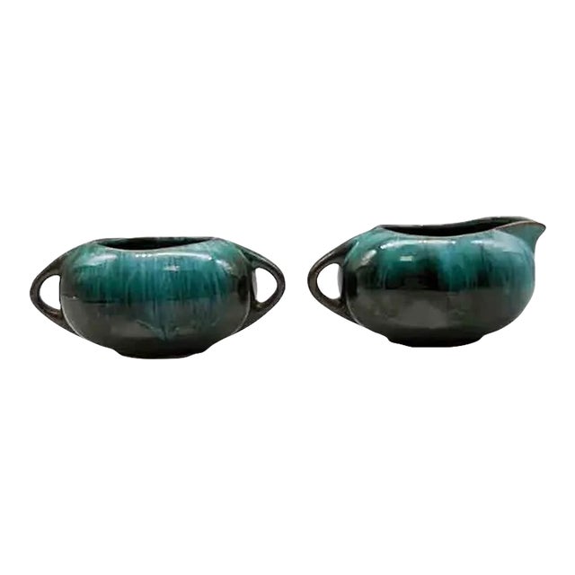 1960s Mid-Century Blue Mountain Pottery Drip Glaze Redware Cream and Open Sugar Set For Sale
