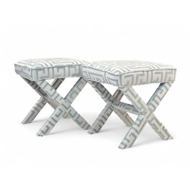 Blue 1990s Baldwin Inspired “X” Base Footstools Reupholstered in Light Blue Thibaut Fabric - Set of 2 For Sale - Image 8 of 11