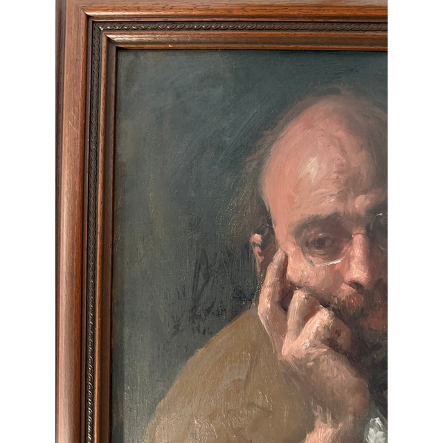 Brass 1950s Striking Original Oil on Canvas Portrait of a Contemplative Gentleman by George Weissbort (1928-2013) For Sale - Image 8 of 13
