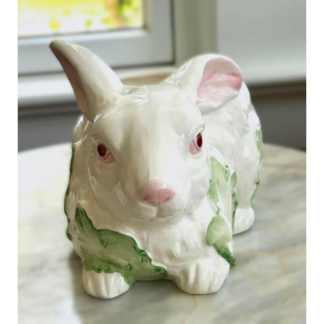 Hand-painted ceramic bunny rabbit planter / dish in a classic majolica style. With glossy hand‑painted greens and...