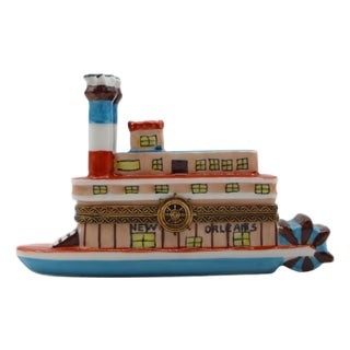 Vintage French Limoges Porcelain New Orleans Steamboat Form Trinket Box For Sale