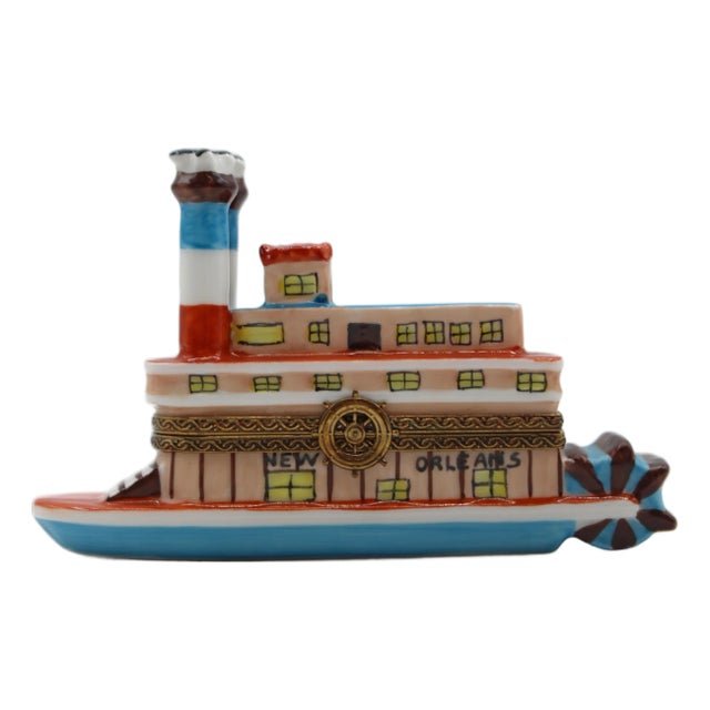 Vintage French Limoges Porcelain New Orleans Steamboat Form Trinket Box For Sale