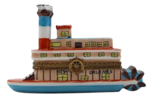 Vintage French Limoges Porcelain New Orleans Steamboat Form Trinket Box