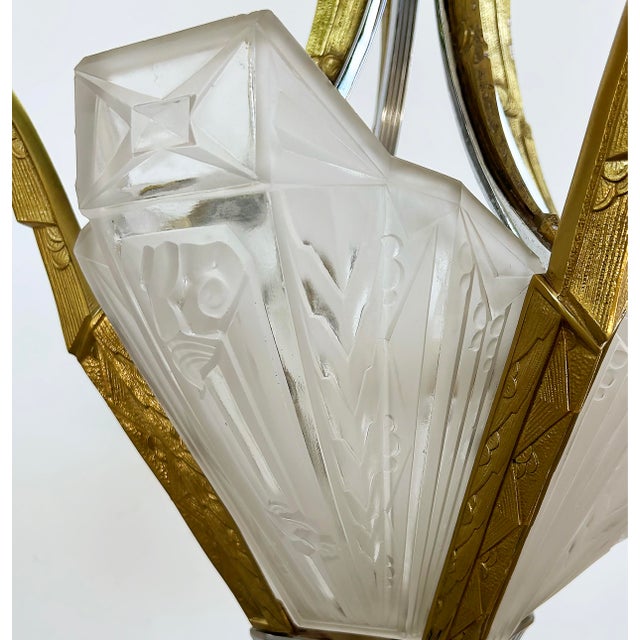 1930s Art Deco Gilt, Silvered Bronze Chandelier, Frosted Glass Shades For Sale In Miami - Image 6 of 14