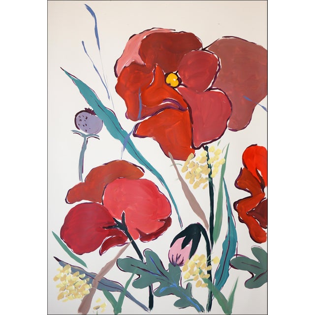 Illustration 2025, Illustration Style, Original Painting, Large Triptych Landscape, French Prairie, Poppies and Wildflowers, Acrylic Paint on Watercolor Paper For Sale - Image 3 of 11