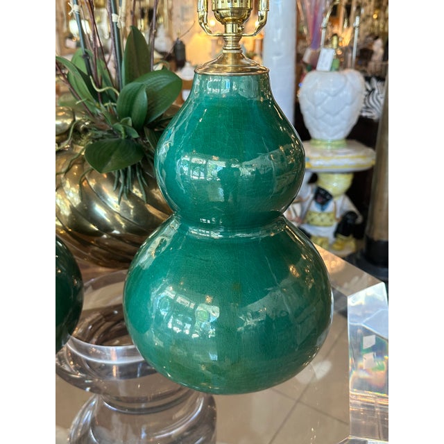 Vintage Pair Gourd Green Crackle Glaze Porcelain Table Lamps Newly Wired Brass For Sale - Image 10 of 12