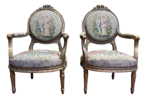 Set of Louis XVI Style Medallion Armchairs in Gilt Wood